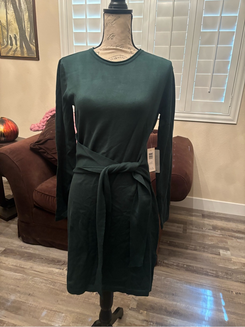 Tie-Waist Long Sleeve Dark Green Dress
